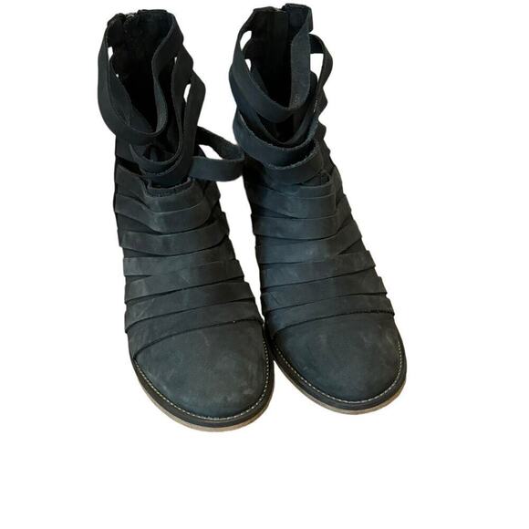 FREE PEOPLE Black Stacked Block Strappy Leather Hybrid Ankle Booties - Picture 6 of 10